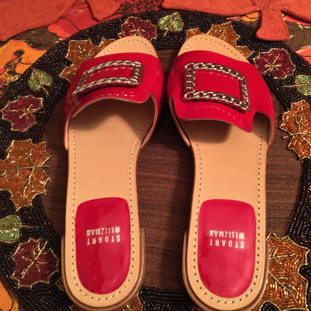 STUART WEITZMAN NIB AUTHENTIC LUXURY RED PATENT LEATHER & SILVER FLATS - Picture 10 of 17